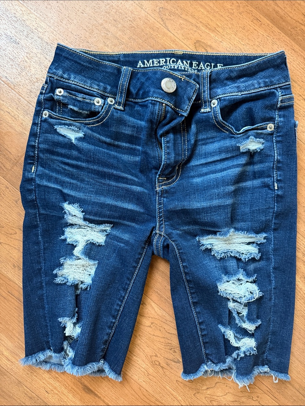American Eagle Outfitters Dark Blue Distressed Boyfriend Bermuda Jeans